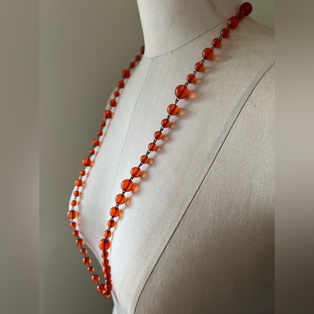 Vintage Amber Orange Beaded Lucite Opera Rope Lariat Necklace